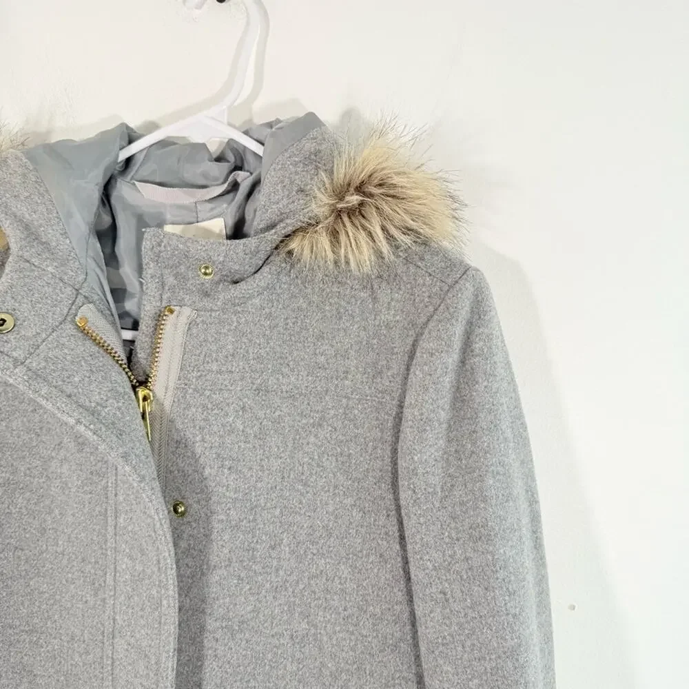 J. Crew Gray Wool Blend Faux Fur Trim Hooded Parka Coat Size 0